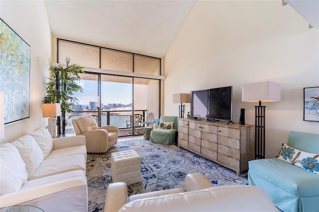 living room featuring high vaulted ceiling