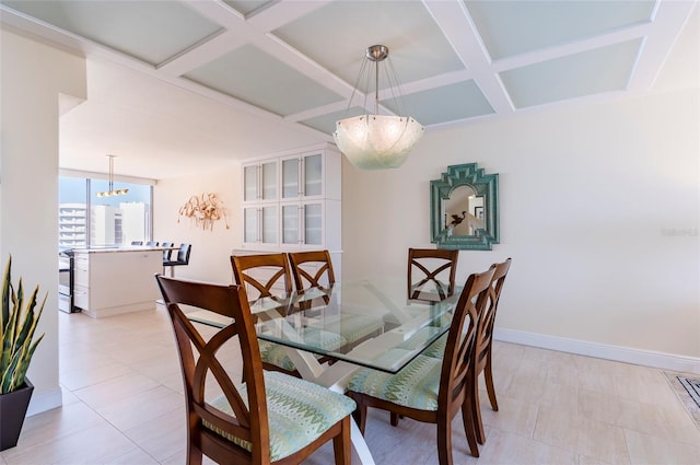tiled dining room featuring coffered ceiling and an inviting chandelier
