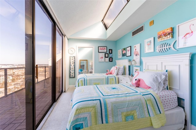carpeted bedroom with vaulted ceiling with skylight, a textured ceiling, and a closet