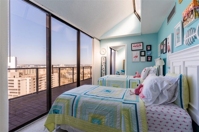 bedroom with carpet flooring, vaulted ceiling, and a textured ceiling