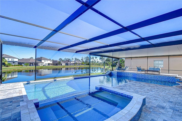 view of pool with a water view, a lanai, an in ground hot tub, and a patio