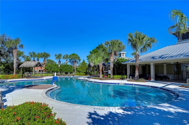 view of swimming pool featuring a gazebo and a patio area