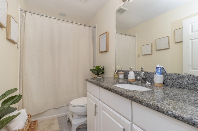 full bathroom with tile patterned flooring, vanity, toilet, and shower / bathtub combination with curtain