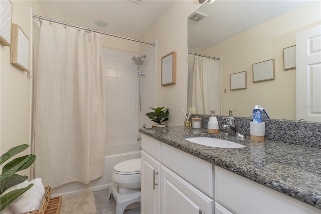 full bathroom with tile patterned flooring, vanity, shower / tub combo with curtain, and toilet