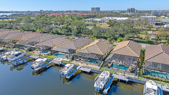 drone / aerial view with a water view