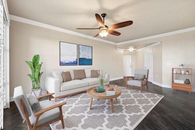 living room with ceiling fan and crown molding