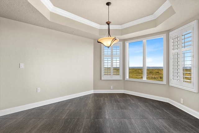 empty room with a tray ceiling and crown molding