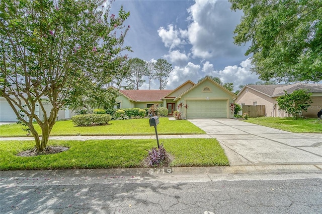 single story home featuring driveway, an attached garage, a front lawn, and stucco siding