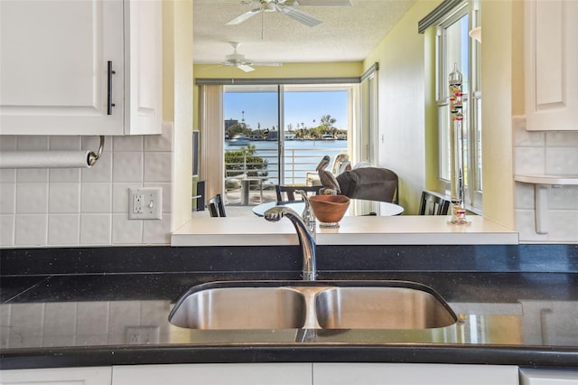 kitchen featuring white cabinets, a water view, sink, a textured ceiling, and tasteful backsplash