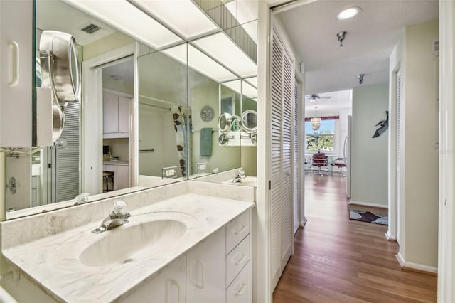 bathroom with vanity and hardwood / wood-style flooring