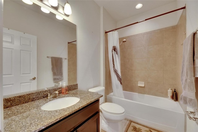 full bathroom featuring tile patterned flooring, vanity, toilet, and shower / tub combo with curtain