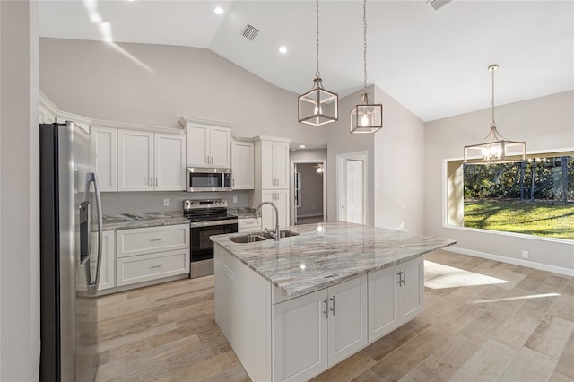 kitchen with white cabinetry, sink, stainless steel appliances, an island with sink, and pendant lighting