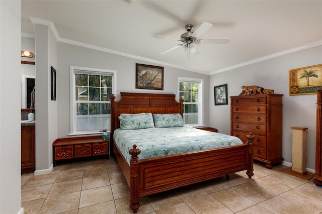 tiled bedroom with ceiling fan and ornamental molding