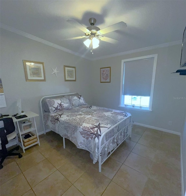 bedroom with light tile patterned floors, ceiling fan, and crown molding