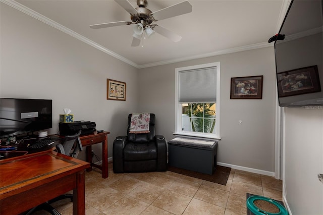 tiled home office featuring ceiling fan and ornamental molding