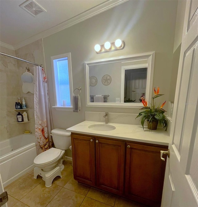 full bathroom with vanity, tile patterned floors, toilet, ornamental molding, and shower / tub combo with curtain