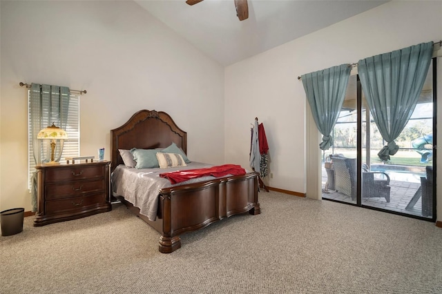 carpeted bedroom with access to exterior, ceiling fan, and lofted ceiling