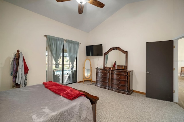 bedroom featuring access to exterior, light carpet, high vaulted ceiling, and ceiling fan