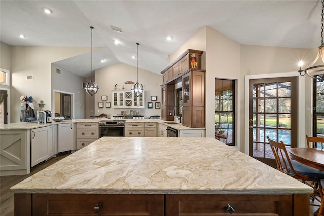 kitchen featuring dark wood-type flooring, a spacious island, and decorative light fixtures