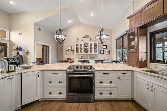 kitchen with electric stove, white cabinetry, dark hardwood / wood-style flooring, and lofted ceiling