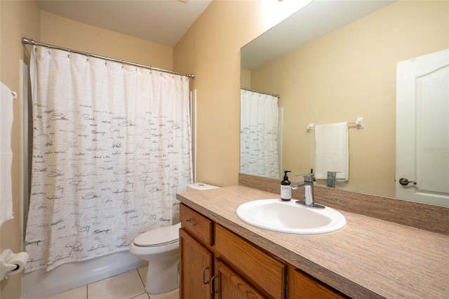 full bathroom with tile patterned floors, shower / tub combo with curtain, vanity, and toilet