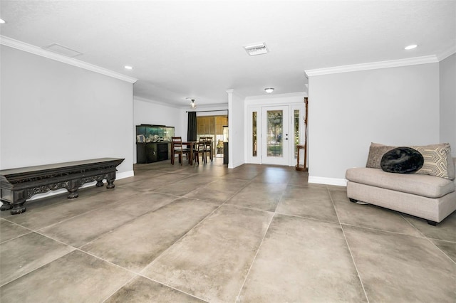 interior space featuring recessed lighting, visible vents, crown molding, and baseboards