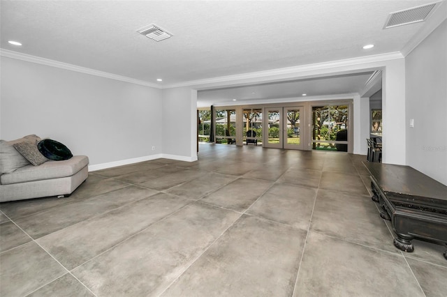 living area featuring ornamental molding, french doors, visible vents, and recessed lighting