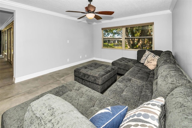 living room featuring ornamental molding, a textured ceiling, and baseboards