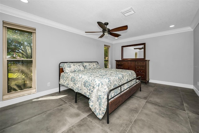 bedroom featuring ornamental molding, concrete floors, visible vents, and baseboards