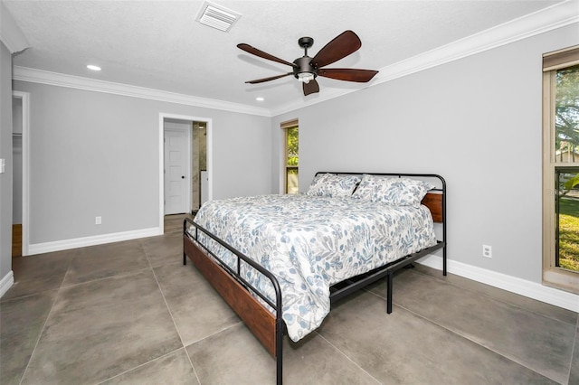 bedroom featuring ornamental molding, multiple windows, visible vents, and baseboards