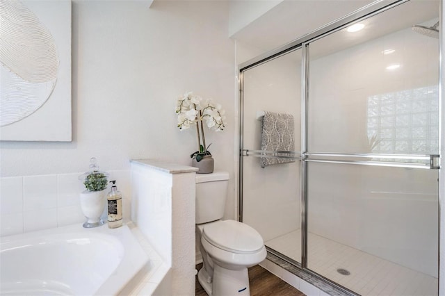 bathroom with toilet, a shower stall, and a bath