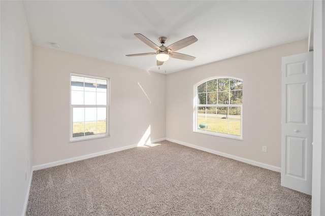 carpeted spare room with ceiling fan and a healthy amount of sunlight