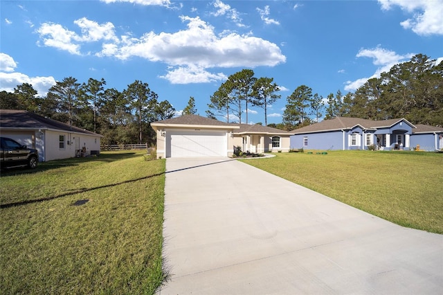 ranch-style home with a front lawn and a garage