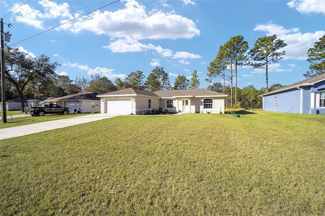 ranch-style house featuring a garage and a front lawn