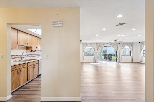 kitchen featuring backsplash, dishwashing machine, light wood-type flooring, and sink