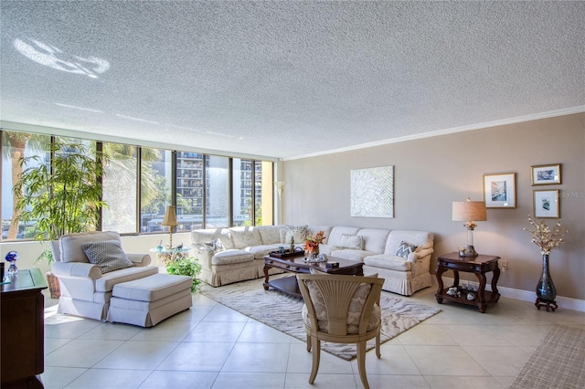 living room featuring crown molding, light tile patterned flooring, and a textured ceiling