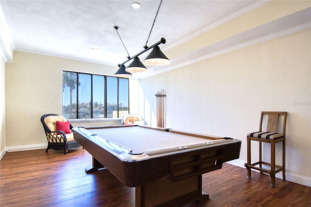 game room with crown molding, dark wood-type flooring, and billiards