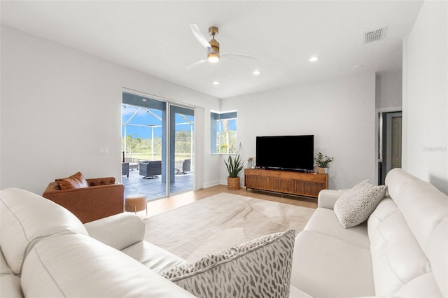 living room featuring ceiling fan and wood-type flooring