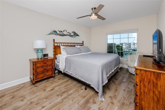 bedroom featuring ceiling fan and light wood-type flooring