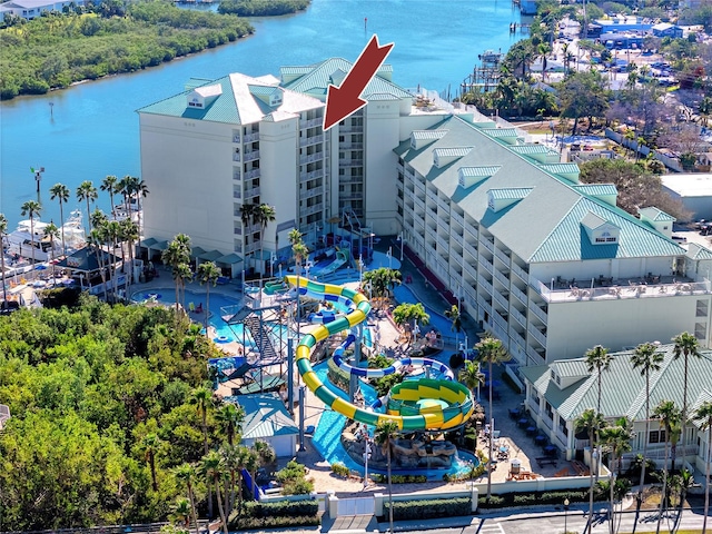 aerial view featuring a water view