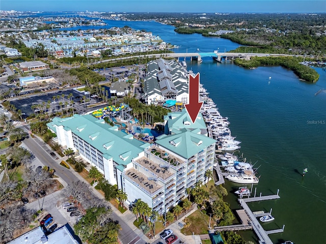 drone / aerial view featuring a water view