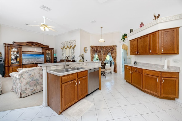 kitchen with dishwasher, an island with sink, pendant lighting, and ornamental molding