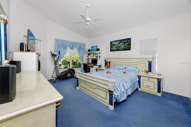 carpeted bedroom with vaulted ceiling and ceiling fan