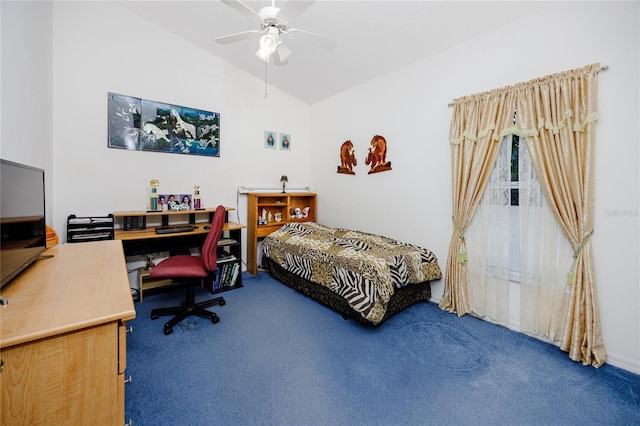 bedroom featuring ceiling fan, carpet floors, and vaulted ceiling