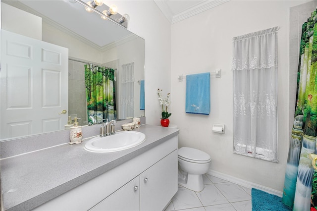 bathroom featuring tile patterned floors, vanity, ornamental molding, and toilet