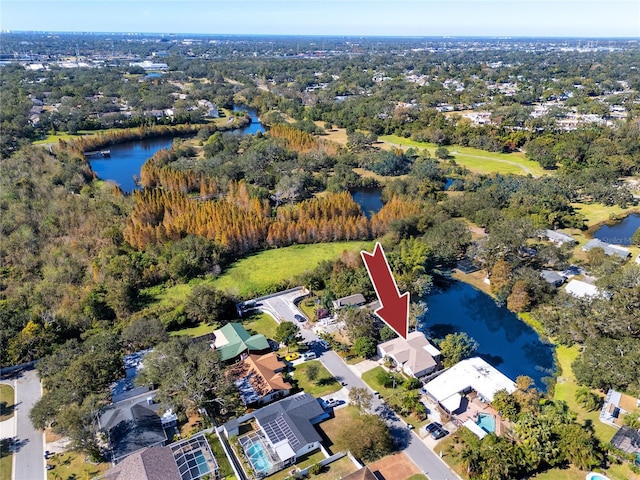 drone / aerial view with a water view