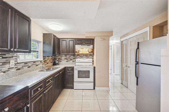 kitchen featuring sink, tasteful backsplash, dark brown cabinets, light tile patterned flooring, and appliances with stainless steel finishes