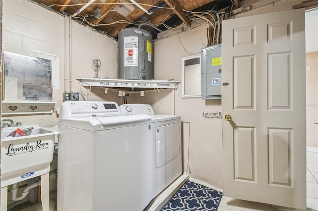 washroom featuring washer and dryer, sink, electric panel, and water heater