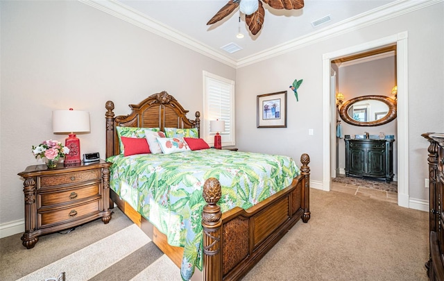 carpeted bedroom featuring ceiling fan and ornamental molding