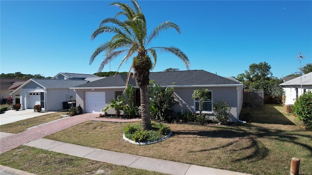 ranch-style house with a front lawn, central AC unit, and a garage